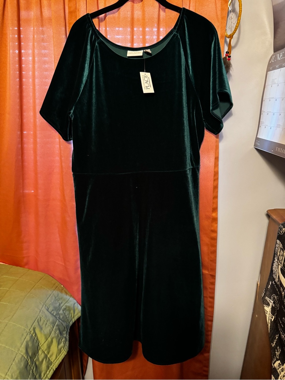 The Children’s Place Emerald Green Velour Dress Short Sleeve Fit & Flare Sz L - Picture 2 of 14
